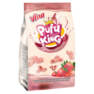 viva pufu king cu glazura de capsuni si ciocolata albă 85g